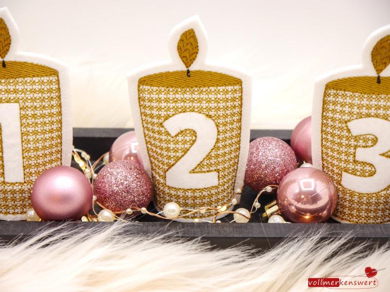 4 ITH-Stickdateien LED-Teelicht-Cover Adventskranz-Kerzen im Set für 10 x 10 cm Stickrahmen